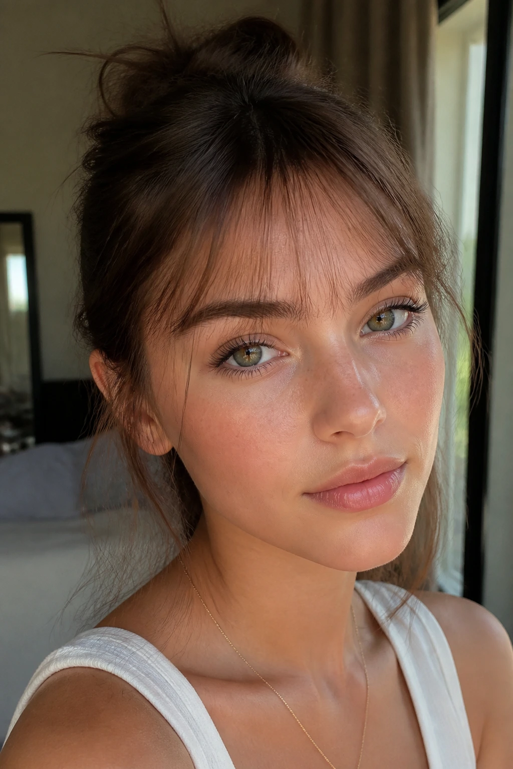 Close-up of a real woman with barely visible bangs peeking through hairline.