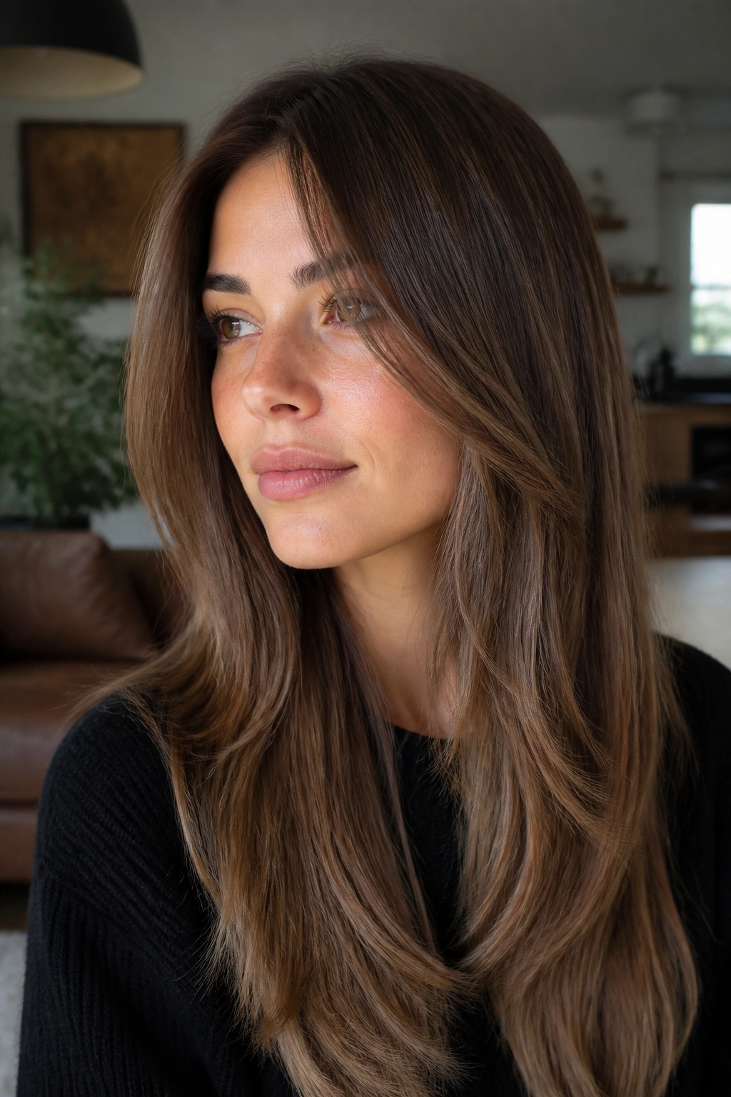 Portrait of long hair with invisible front layers creating soft contour