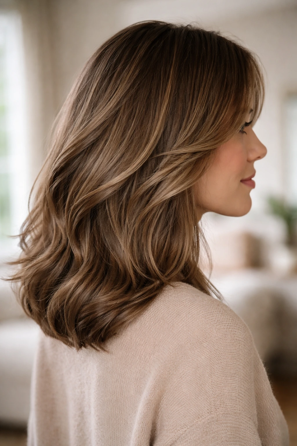 Side-profile real woman showing invisible internal layers under one-length outer cut