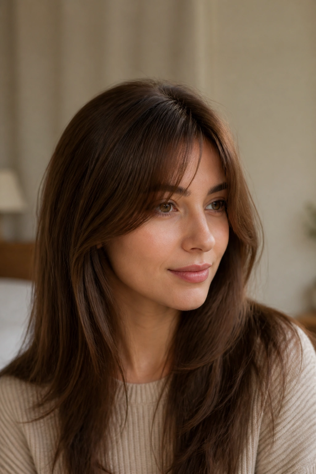 Close-up of a real woman with invisible-layer bangs blending into her hair in a calm indoor setting