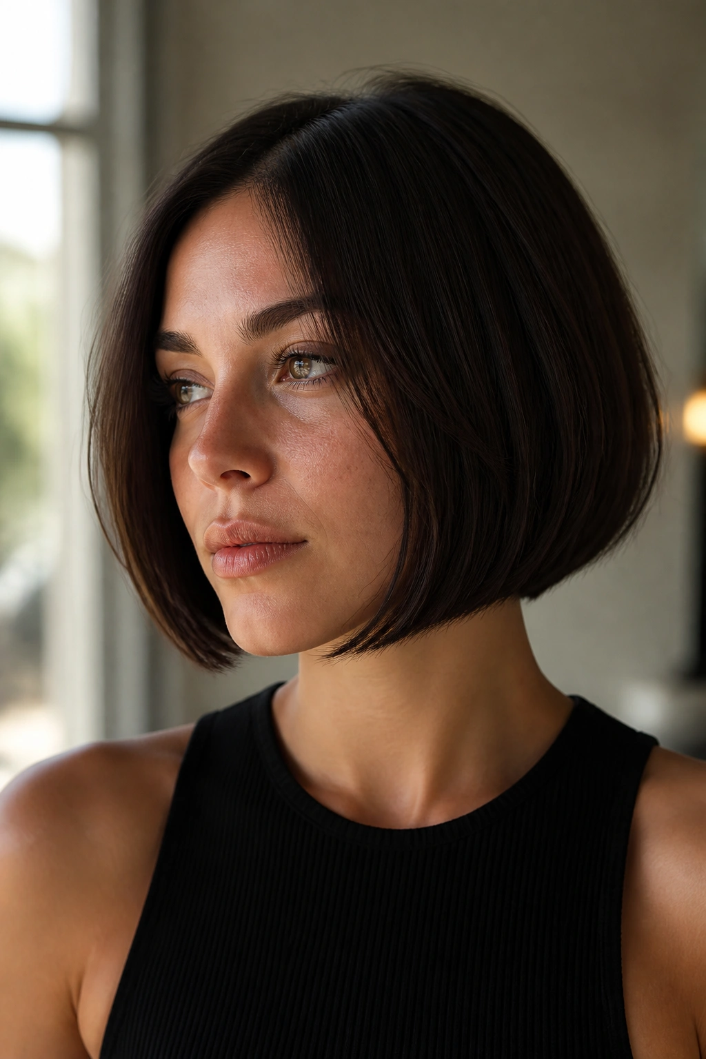 Close-up portrait of a real woman with an invisible-layer bob