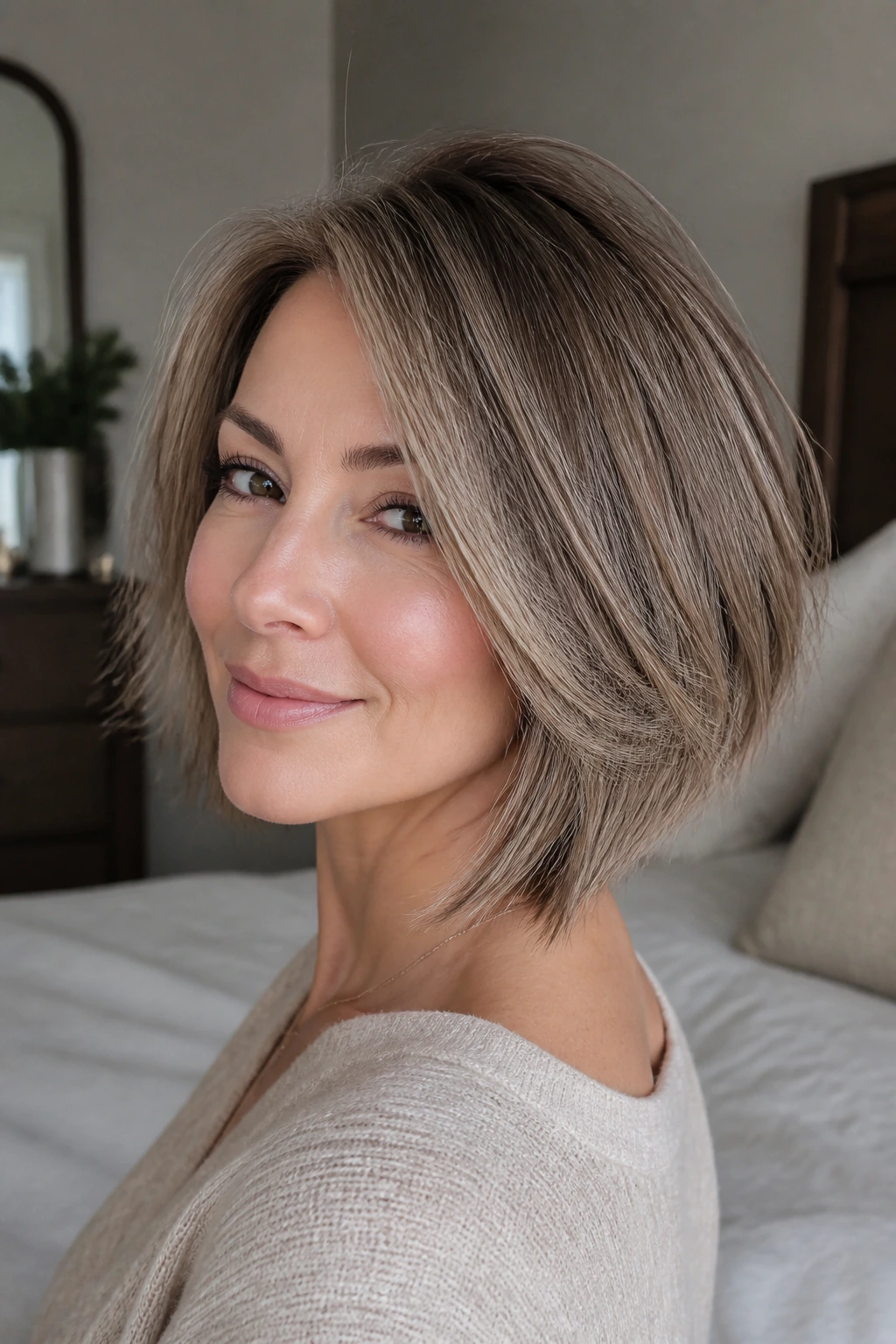 Close-up portrait of a woman with invisible-layer bob for fine hair, crown lift and smooth silhouette.
