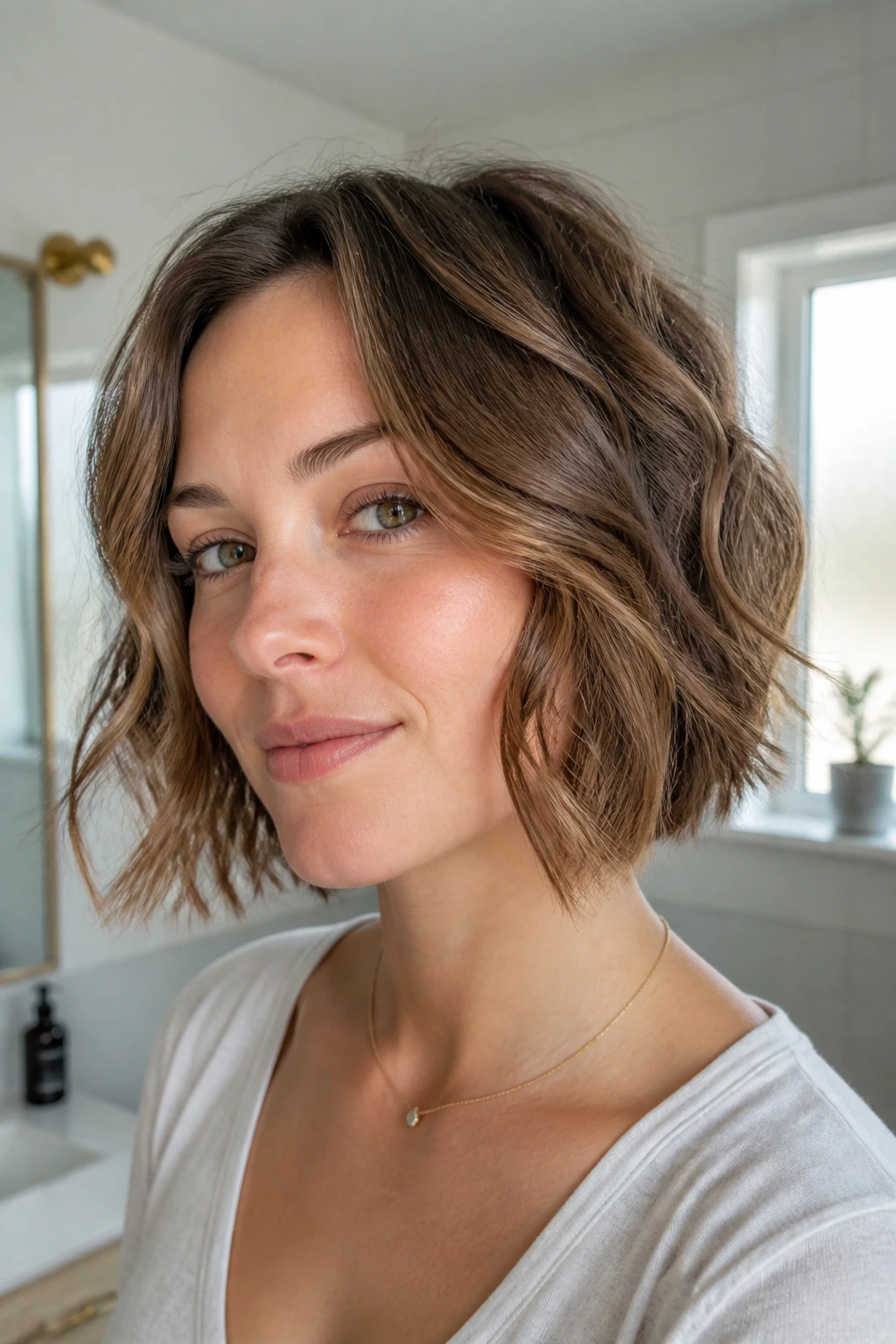 Close-up portrait of a real woman with invisible-layer short wavy bob in bright window light