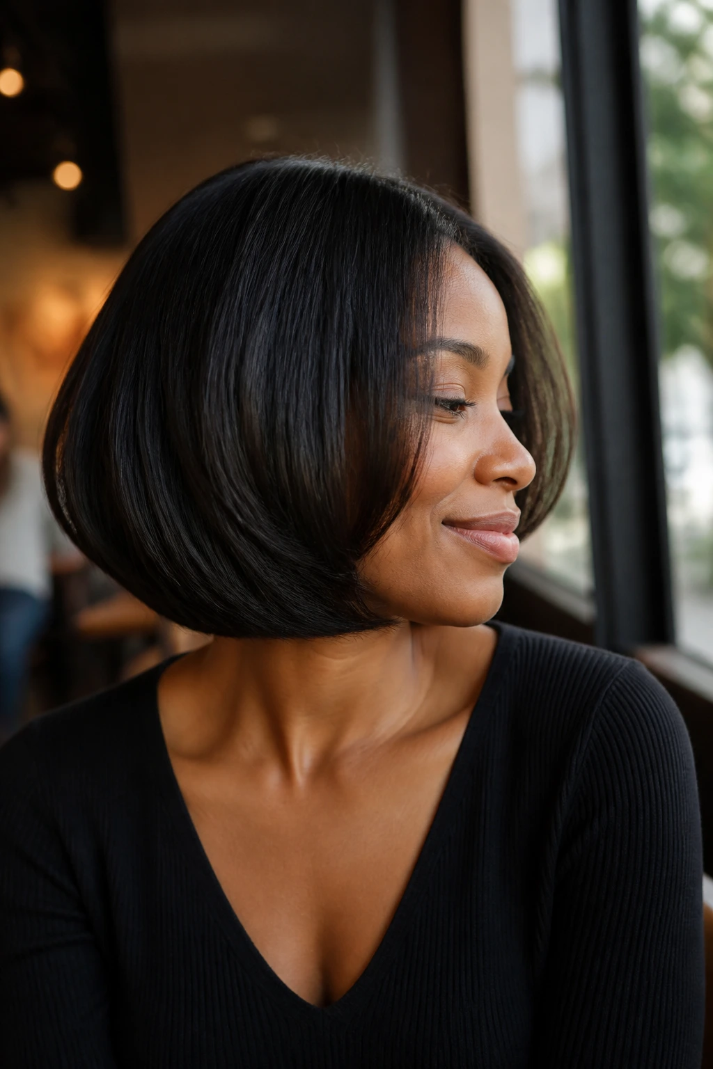 Real woman with invisible-layer bob showing subtle swing