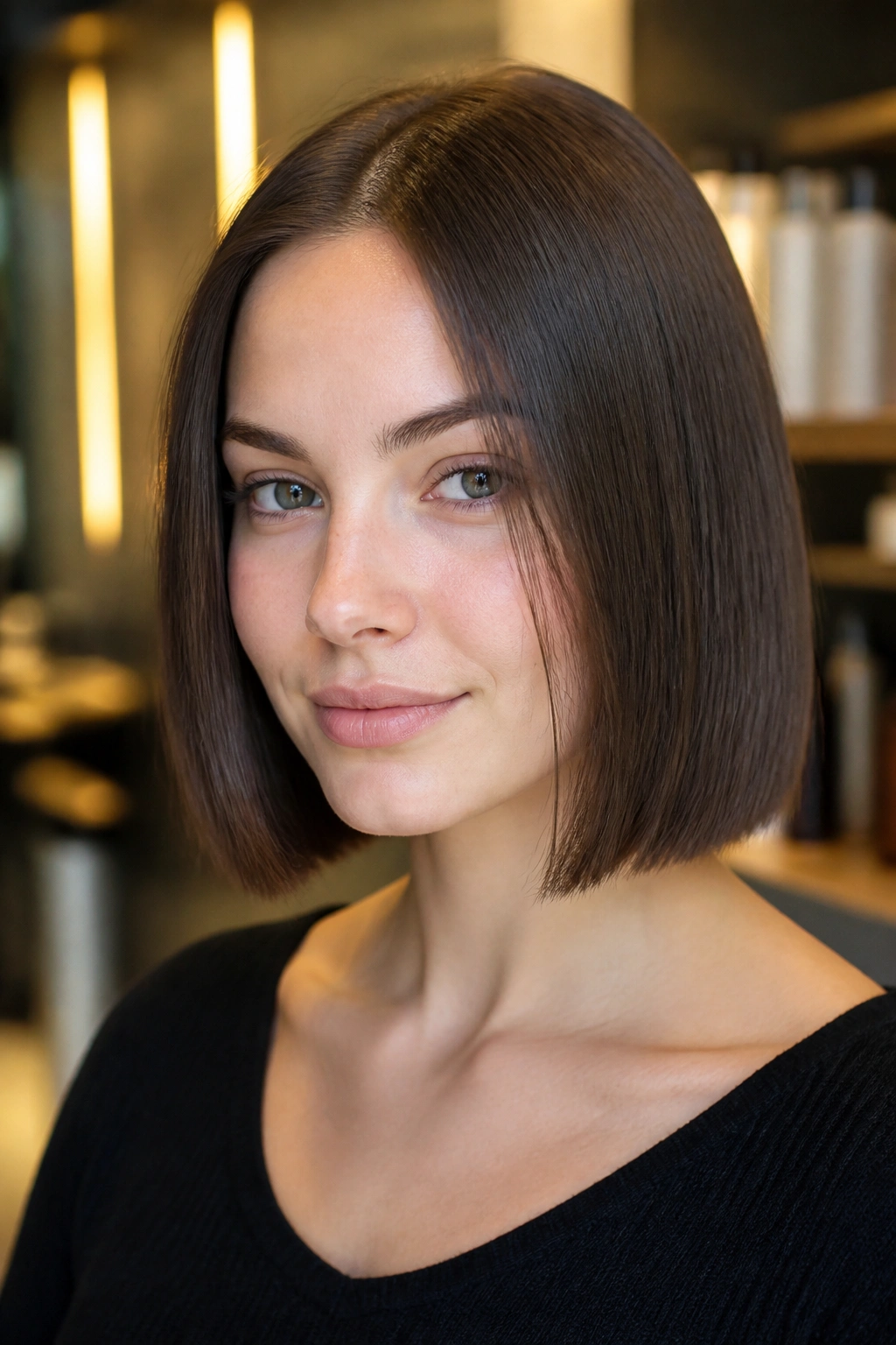 Close-up of Invisible-Layer Bob for Pin-Straight Hair on a real woman in a salon
