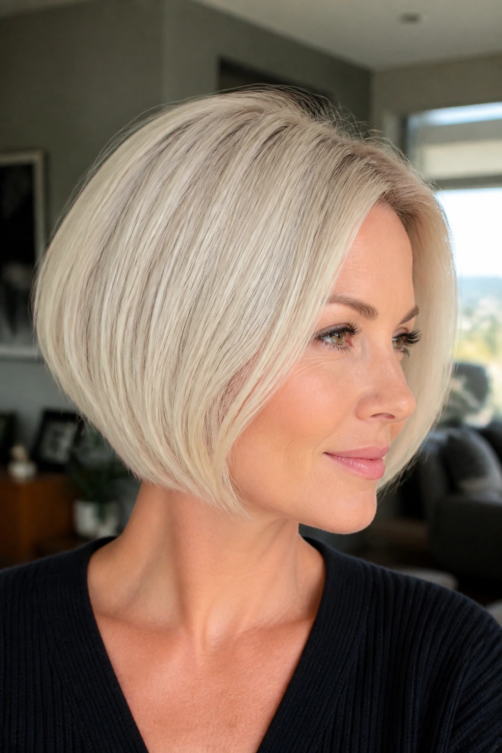 Close-up of a real woman with an invisible-layer bob hairstyle