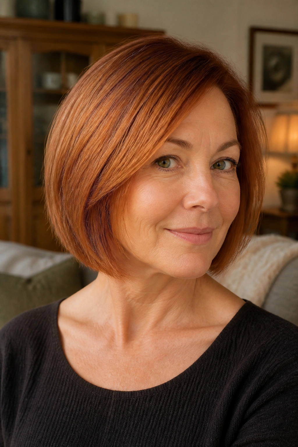 Close-up of a real woman with an invisible-layer copper bob showing subtle interior shaping