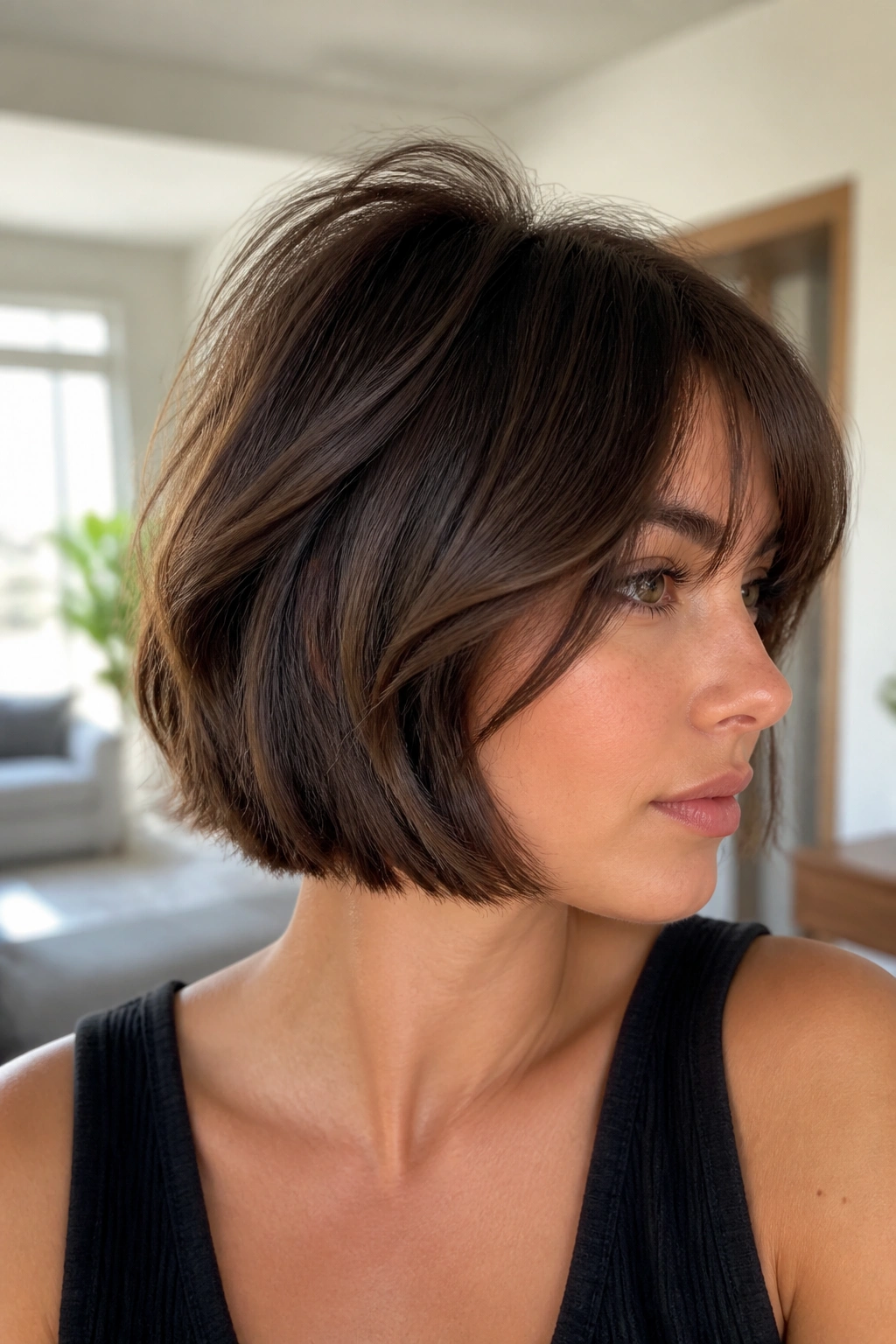 Close-up of a woman with invisible-layer French bob showing crown lift