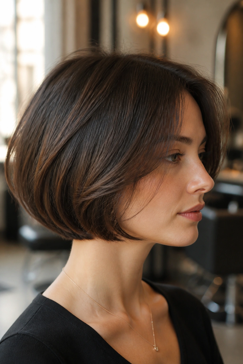 Close-up of a real woman with an invisible-layer French bob showing hidden interior layers and a solid perimeter.