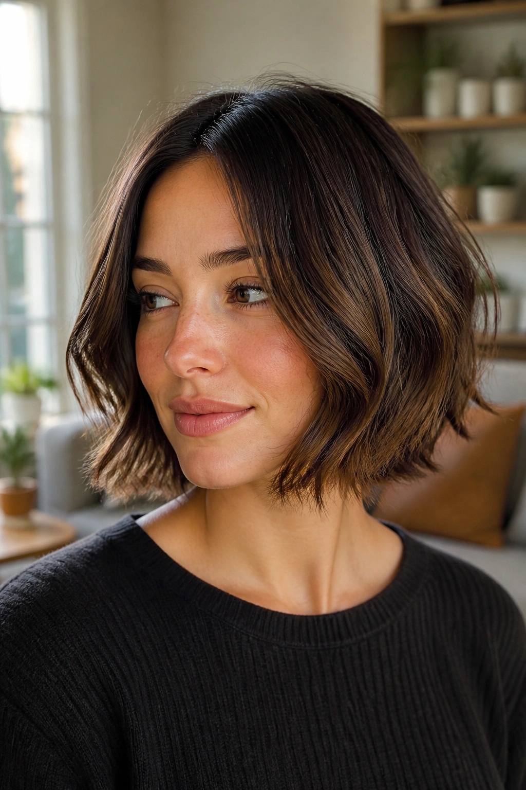 Close-up of a real woman with an invisible-layer lob and soft waves