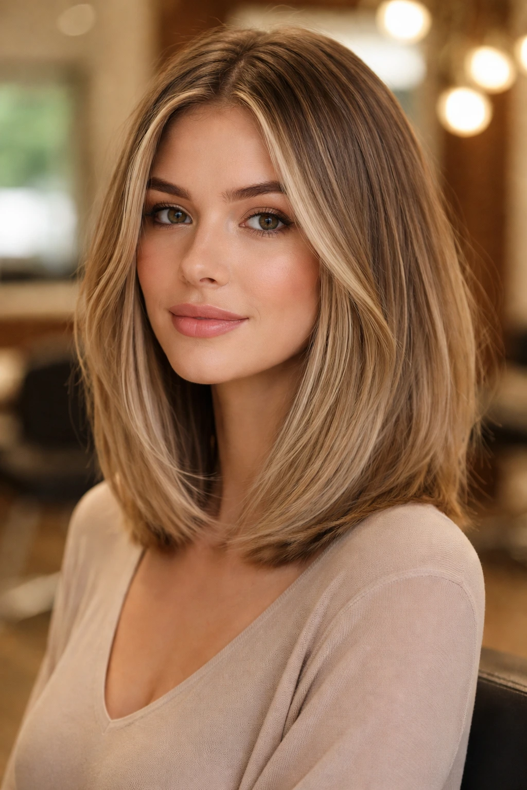 Close-up portrait of a real person with invisible interior layers in a collarbone-length lob