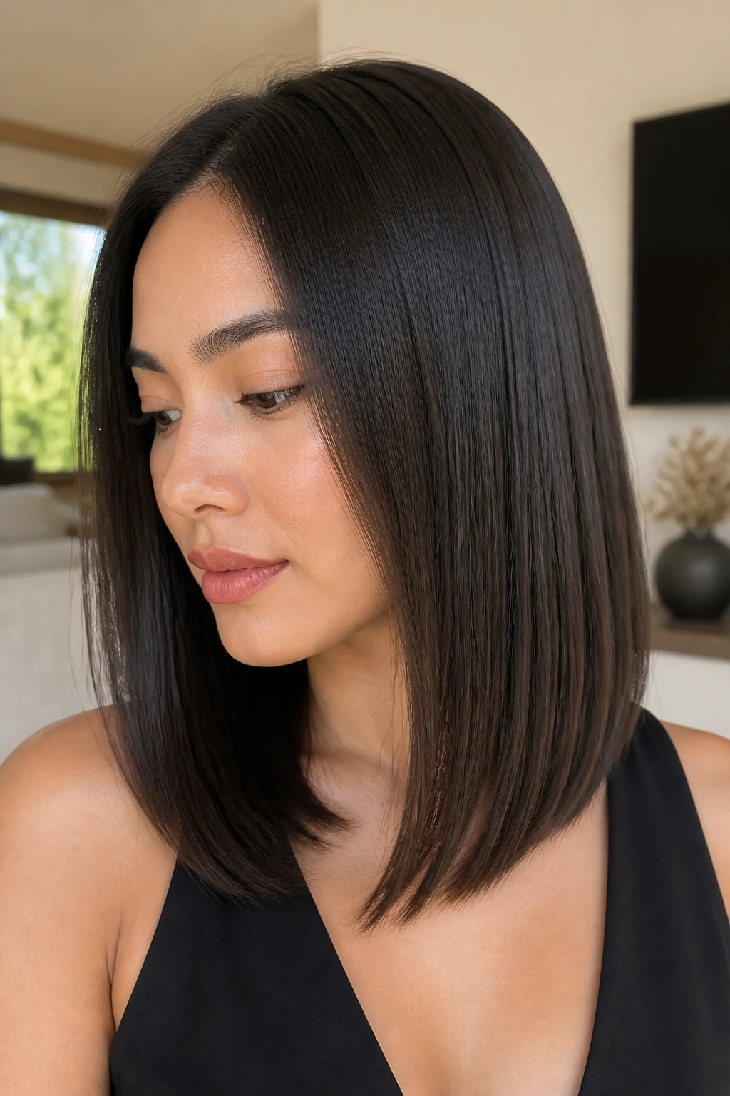 Real woman with invisible-layer lob close-up portrait