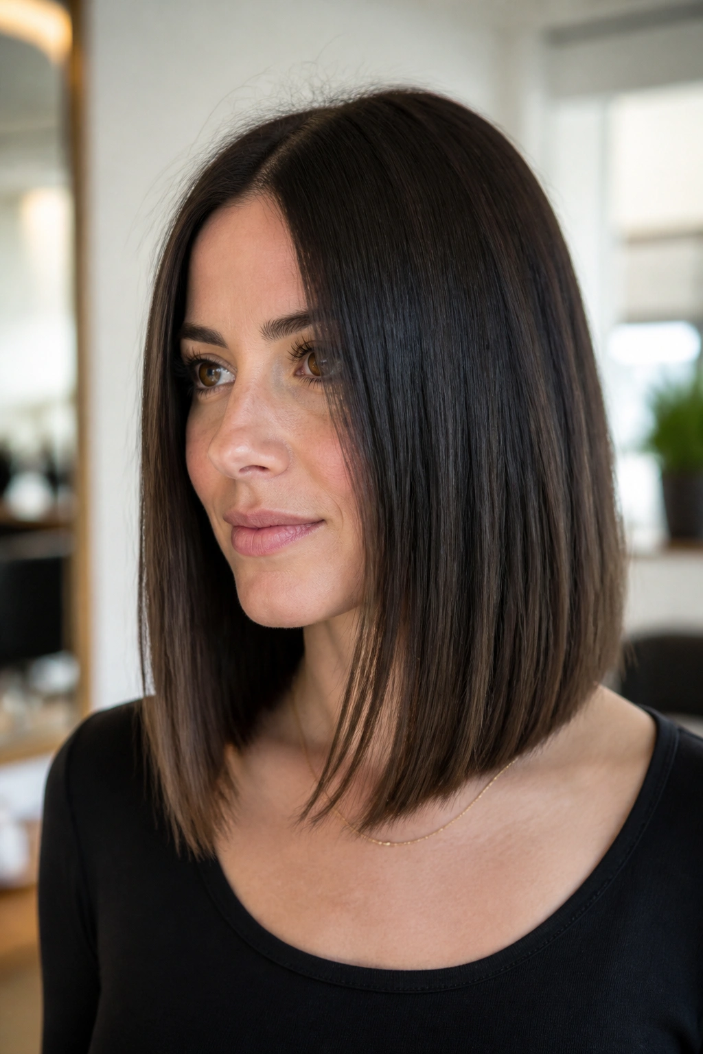 Close-up of real woman with invisible-layer lob showing clean outer edge in a serene salon