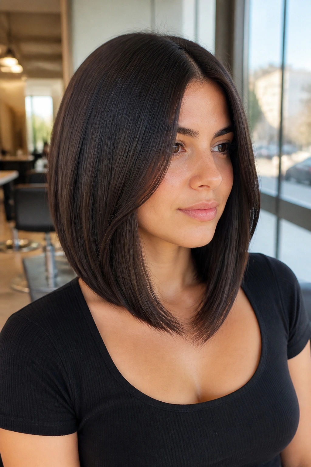 Close-up portrait of a real woman with an invisible-layer long bob for thick hair.
