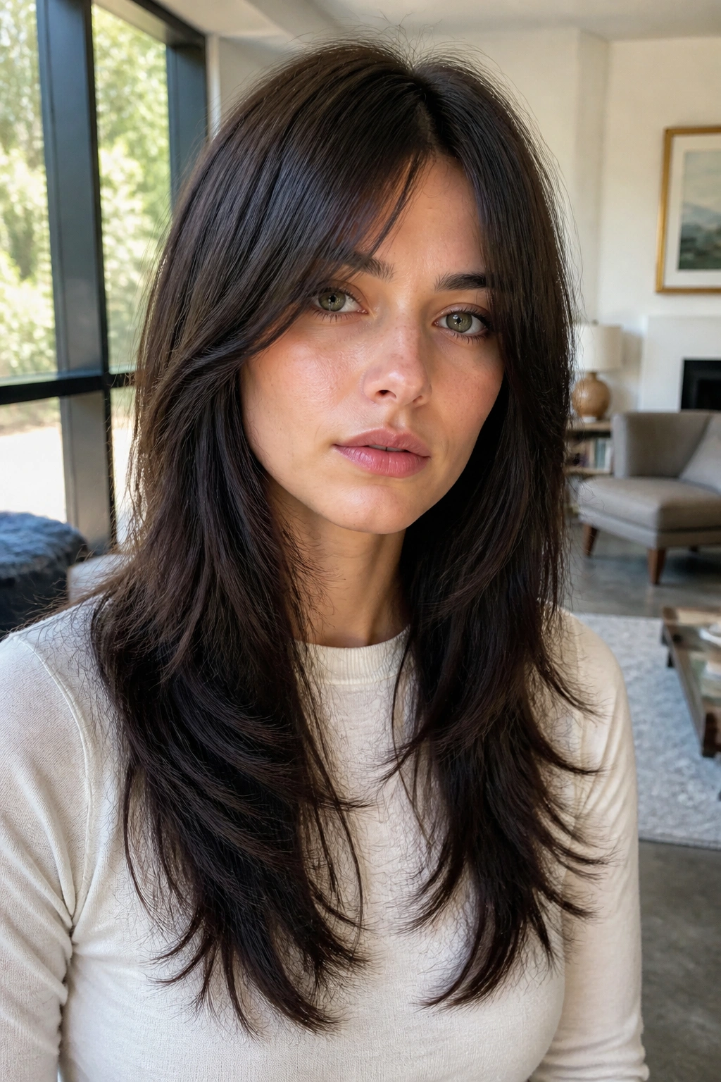 Close-up of a real woman with invisible-layer long shag showing smooth front surface