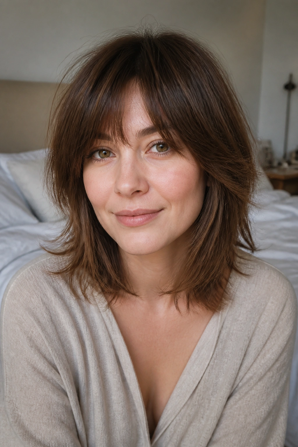 Real woman with invisible layer shag for fine hair