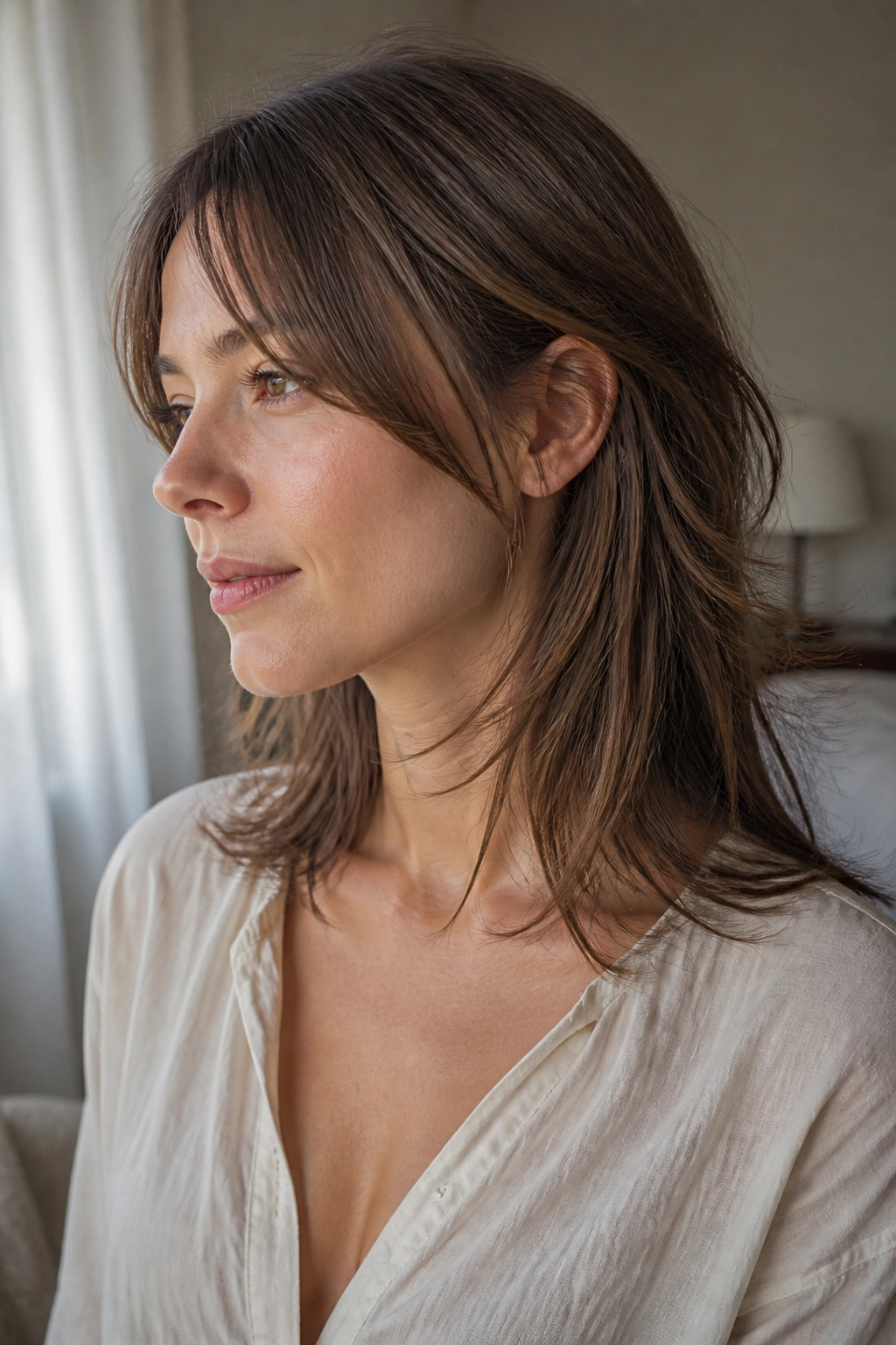 Close-up portrait of a woman with invisible-layer shag on straight fine hair using soft window light