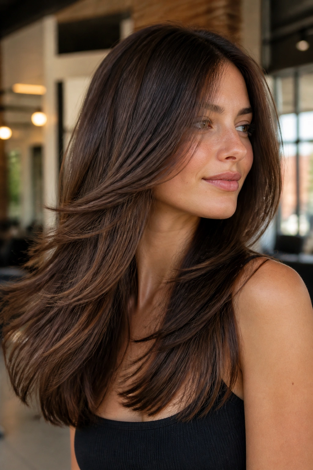 Close-up of a real woman with invisible-layer shag showing hidden interior layers and full outer silhouette in warm salon light.