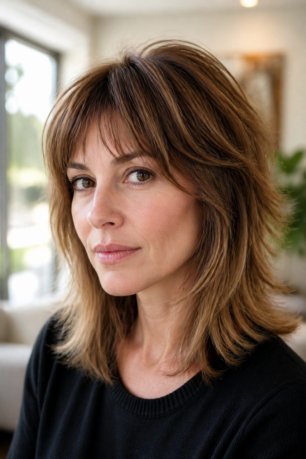 Close-up portrait of a real woman with invisible-layer shag showing lift and full perimeter.
