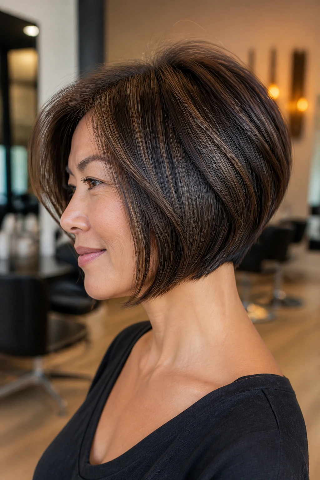 Close-up of a real woman with invisible-layer stacked thick hair