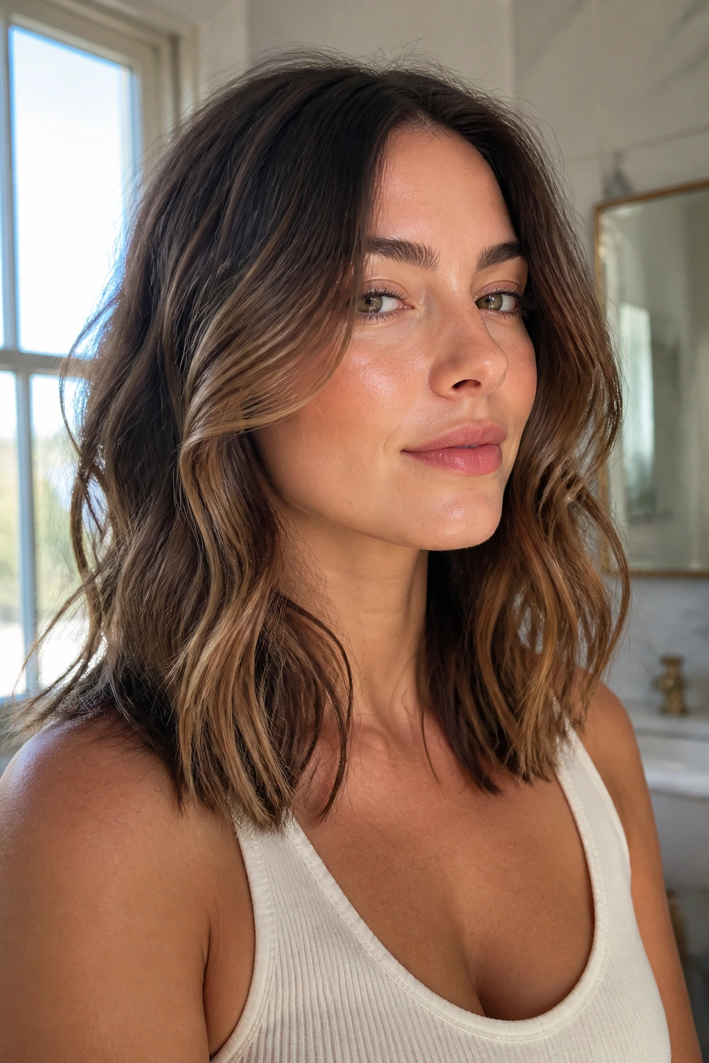 Portrait of a woman with invisible layers for air-dry styling in bright natural light.