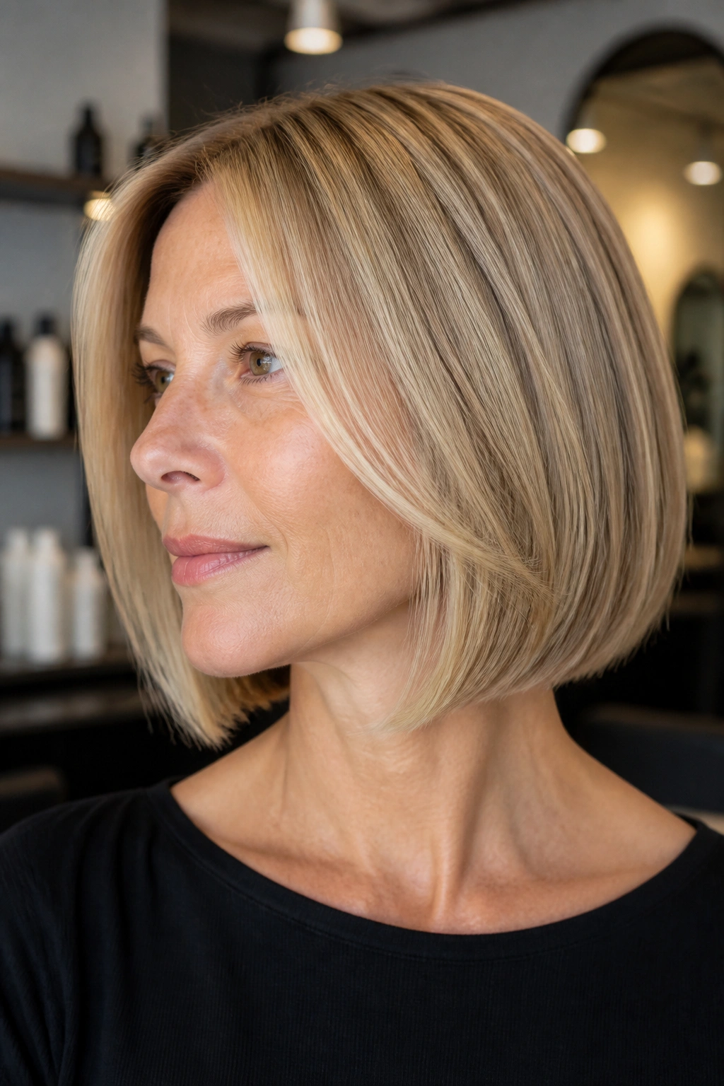 Real woman with invisible-layer bob showing subtle movement and thick ends
