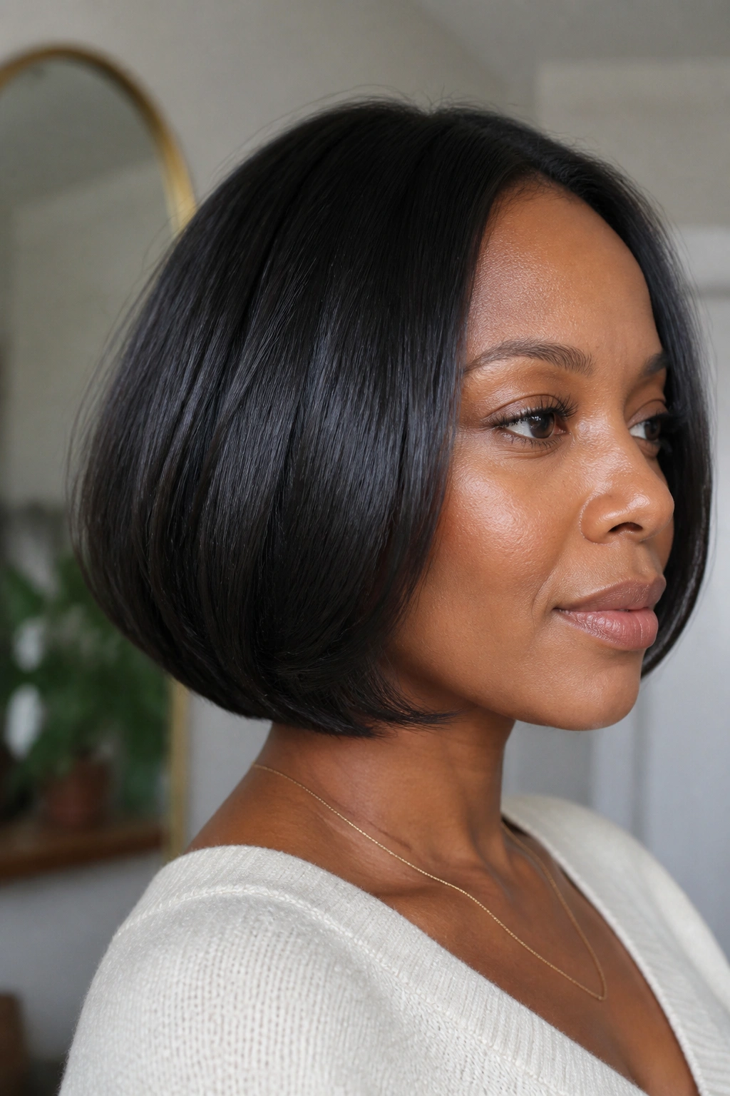 Close-up portrait of a real woman with invisible-layered bob that looks full.