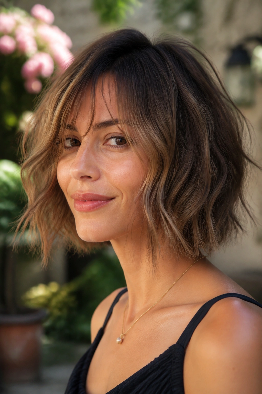 Medium close-up portrait of a real woman with a lightly choppy bob and invisible layers outdoors