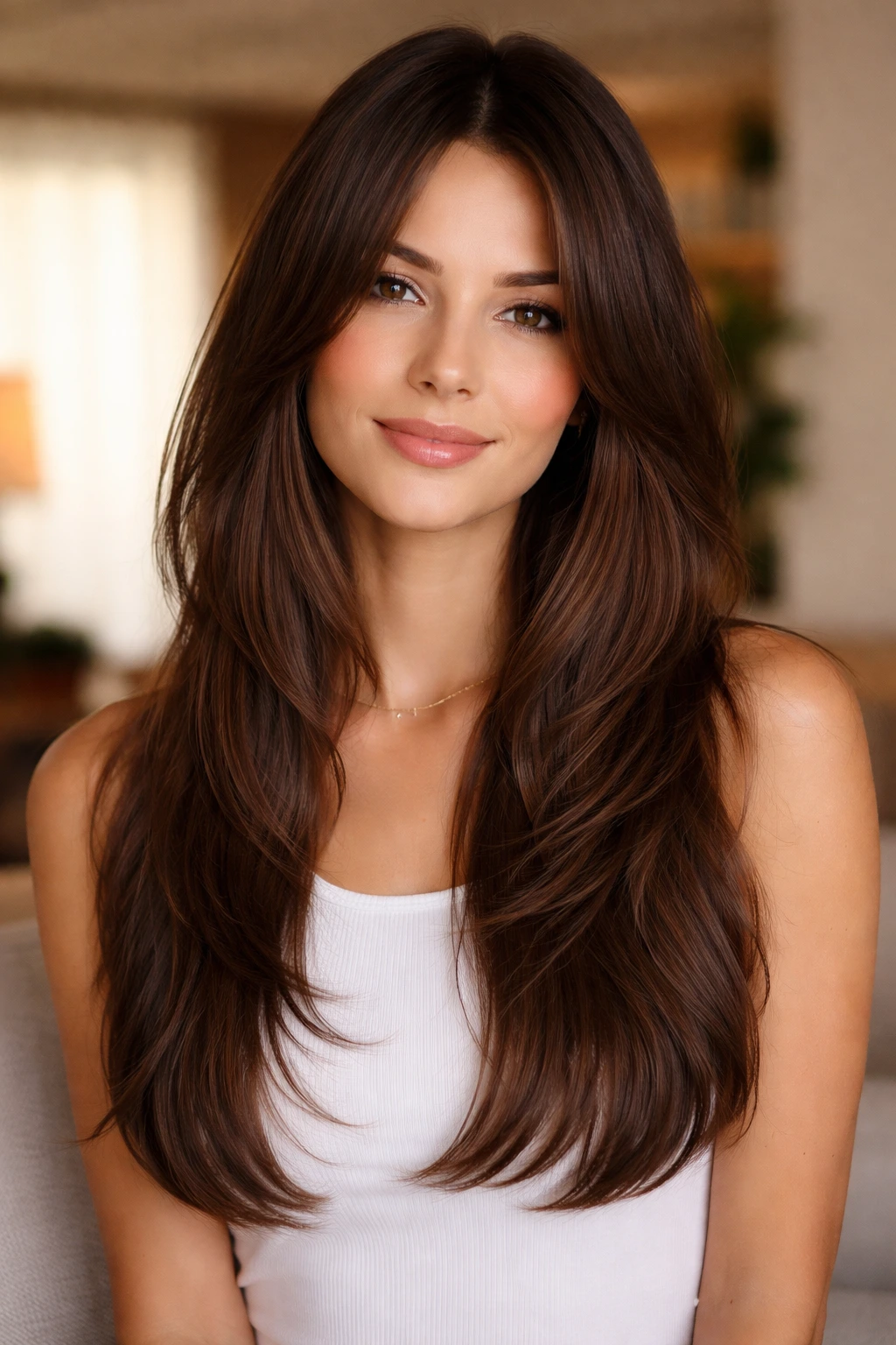 Real woman with invisible layers hidden inside long brown hair.