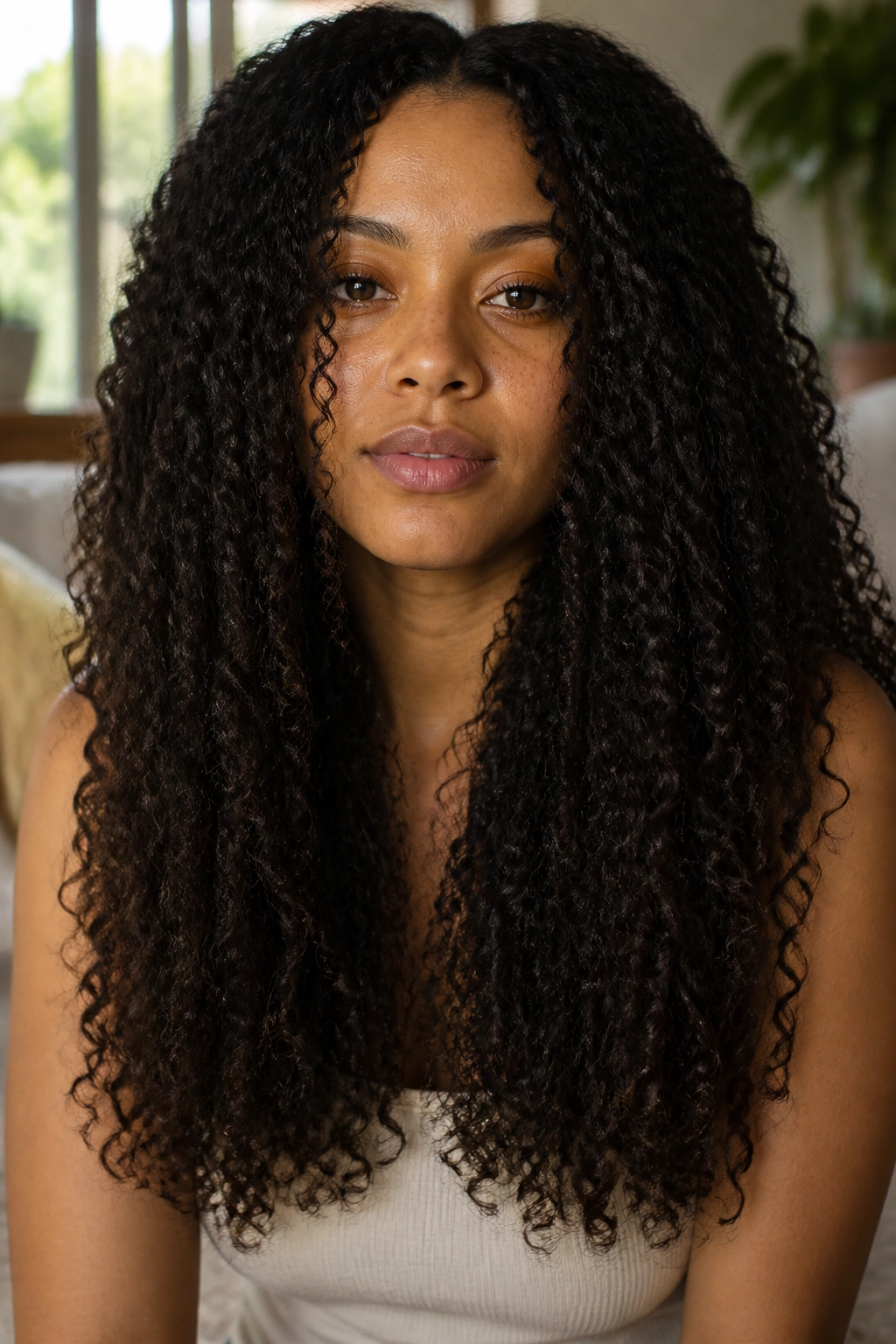 Close-up portrait of a woman with waist-length coily hair showing subtle inner layers