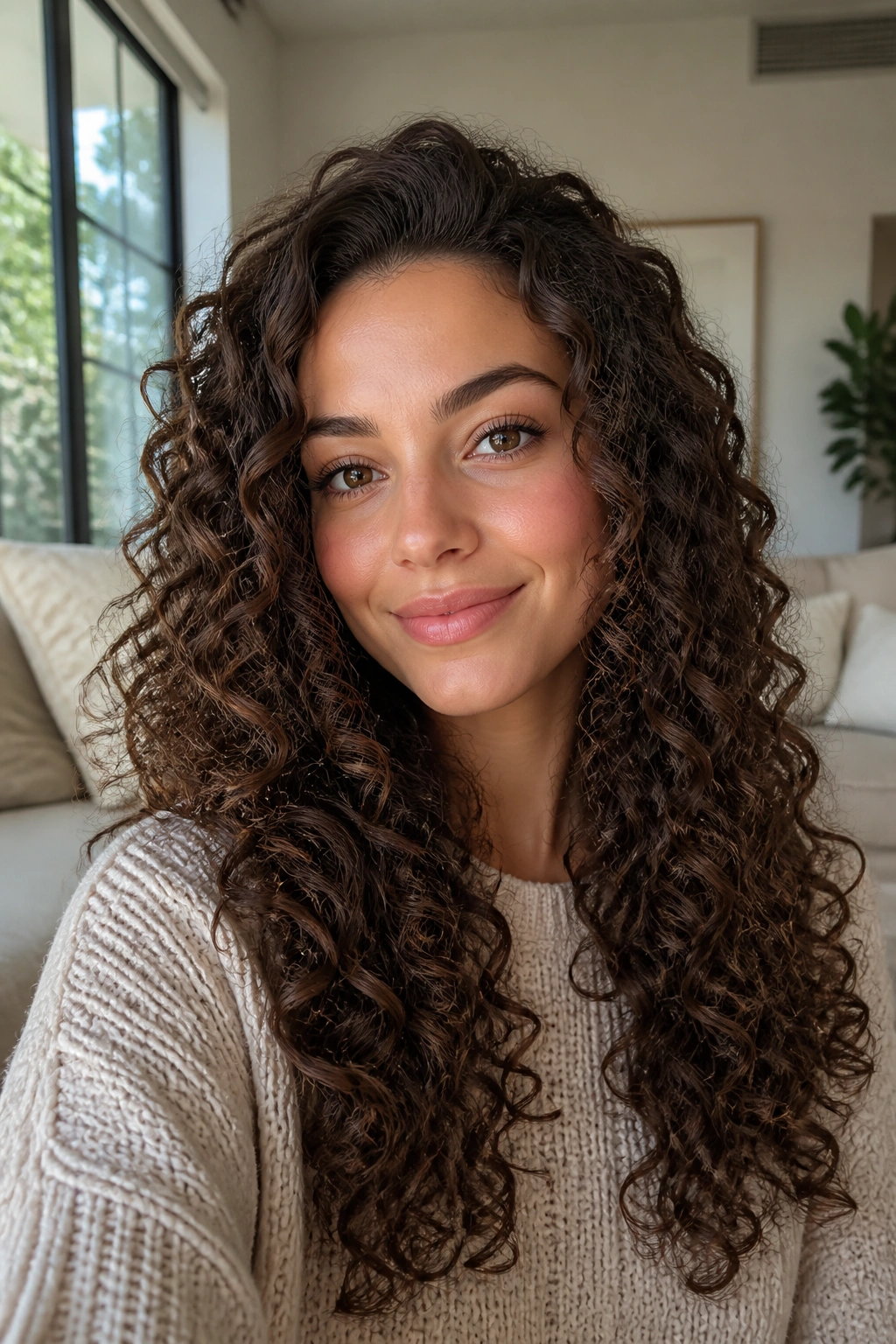 Close-up of a real woman with invisible interior layers in dense curls