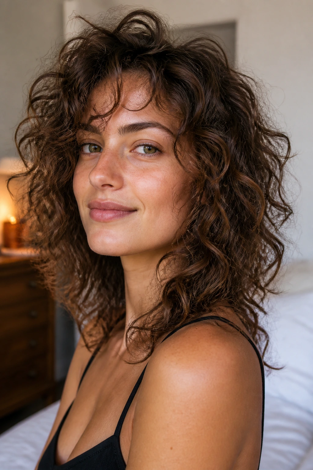 Close-up portrait of a real woman with fine curly hair showing invisible inner layers for lift