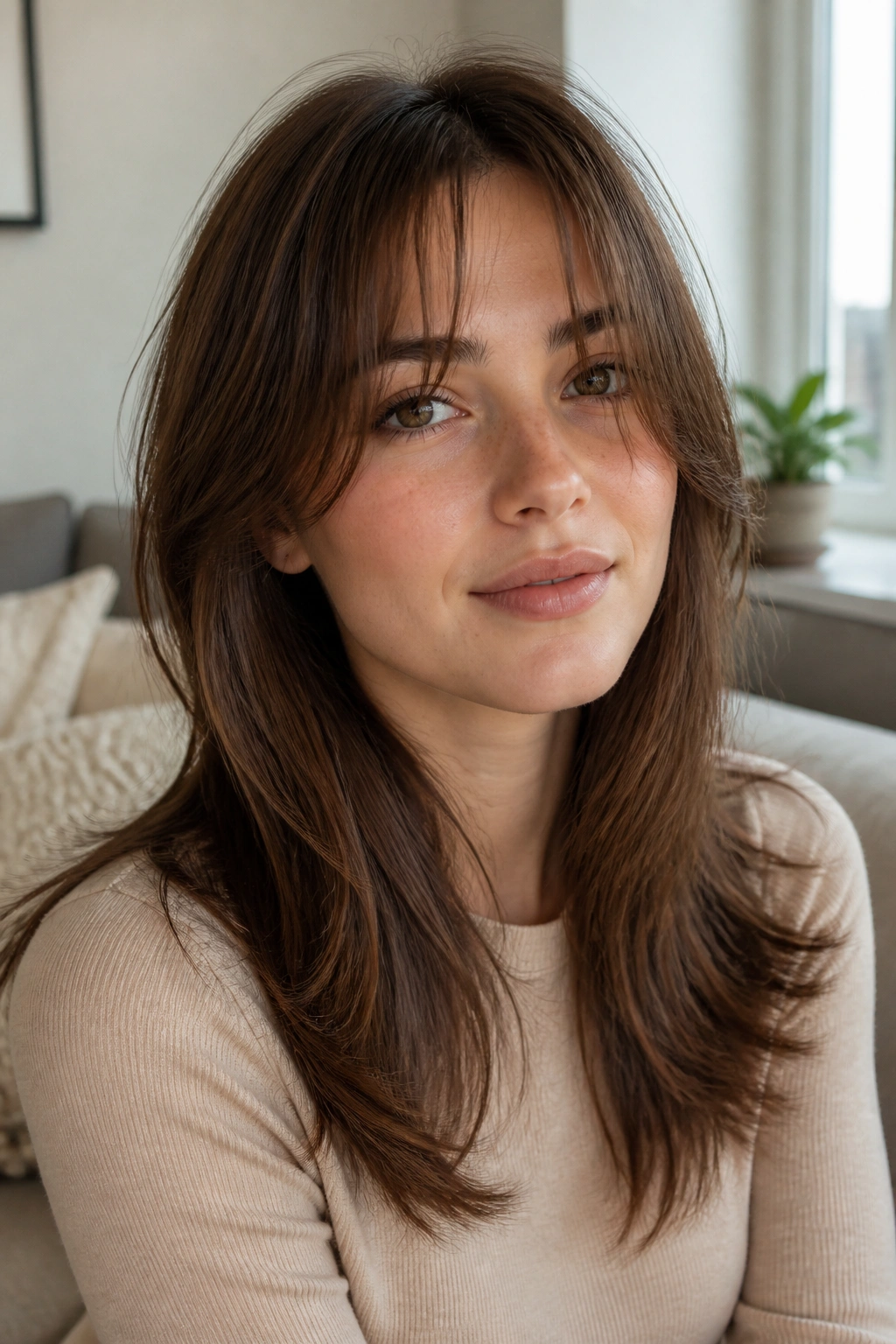Close-up portrait of a real woman with invisible layers and airy curtain bangs in medium brown hair.