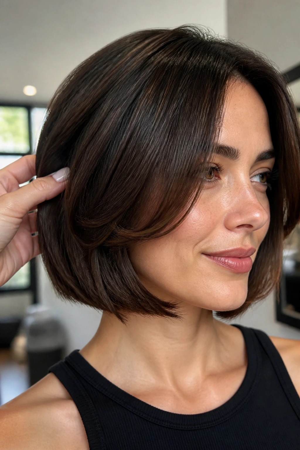 Close-up portrait showing an Invisible Layers Cut with hidden inner layers and clean outer edge.