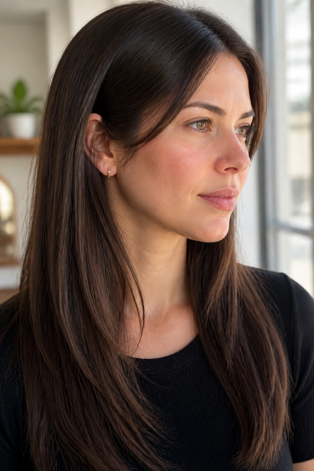 Real woman with invisible layers in fine brunette hair.
