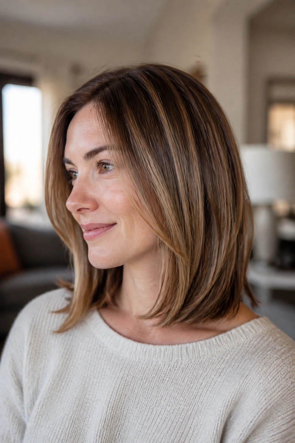 Close-up of a real woman with invisible layers for fine hair creating subtle lift in a full, mid-length style.