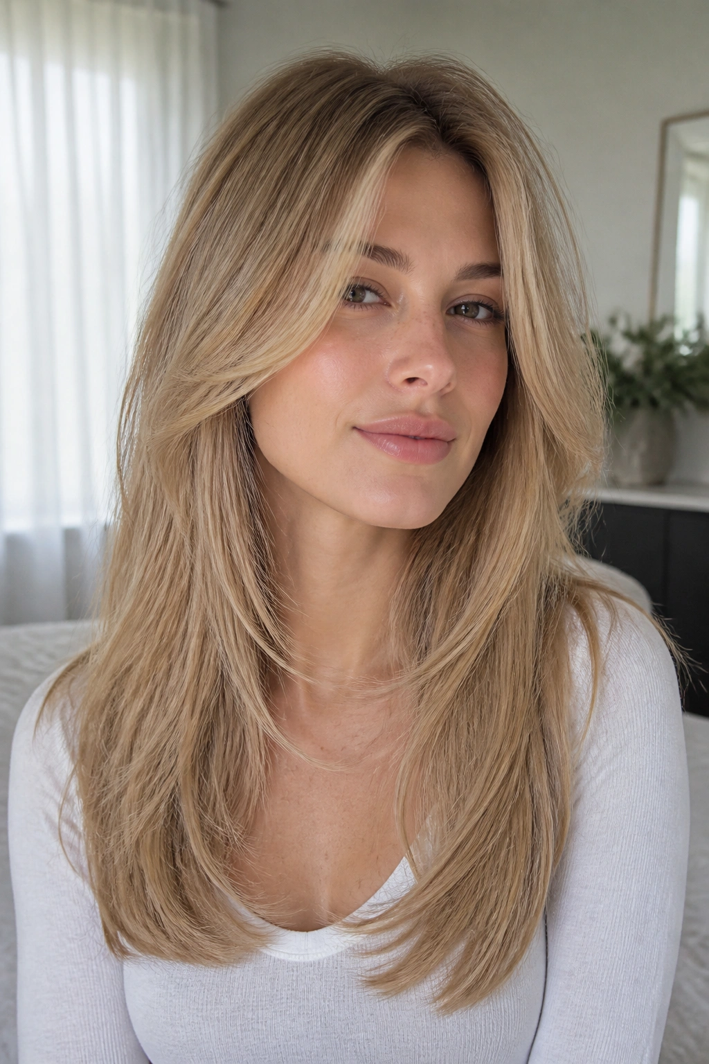 Close-up of a real woman with invisible layers giving lift and soft face framing.