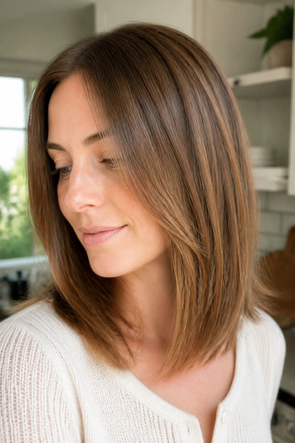 Close-up of a real person with invisible layers for fine hair.