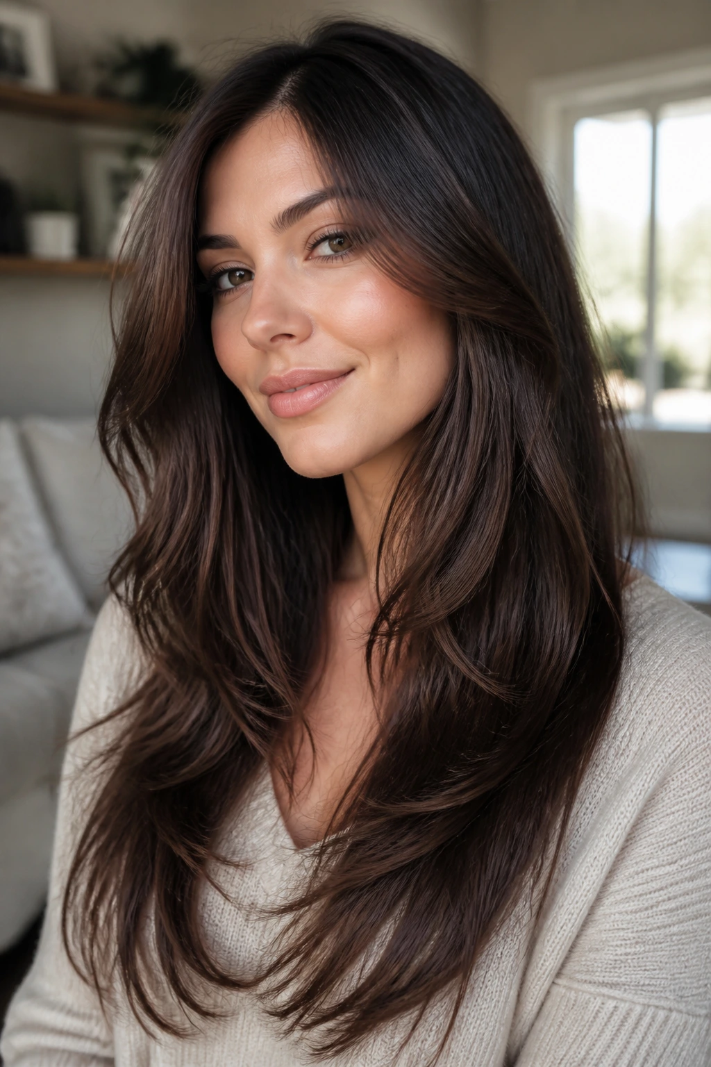 Real woman with subtle internal layers creating movement in long hair.