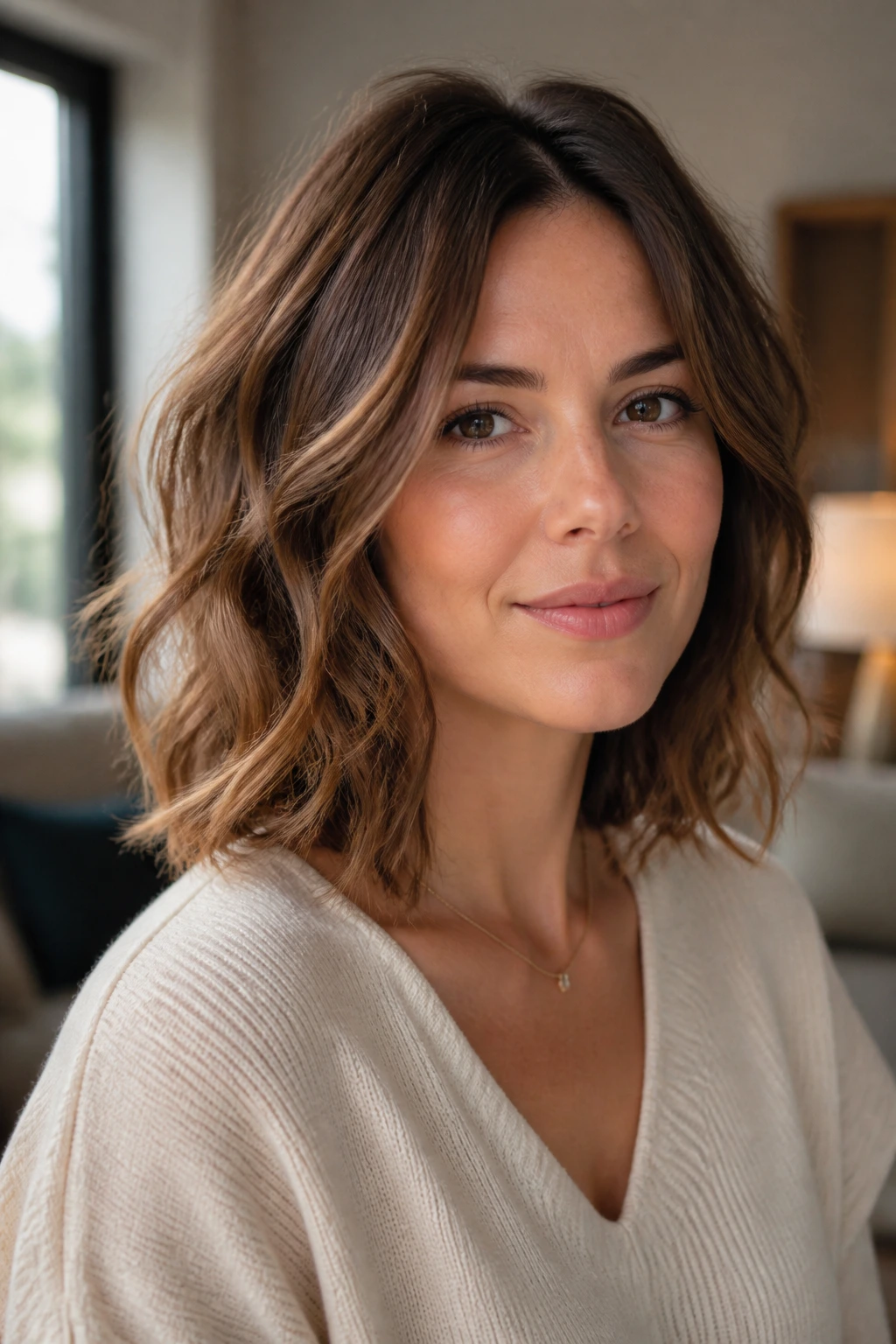 Portrait of a woman with an invisible-layer wavy lob showing lift and movement.