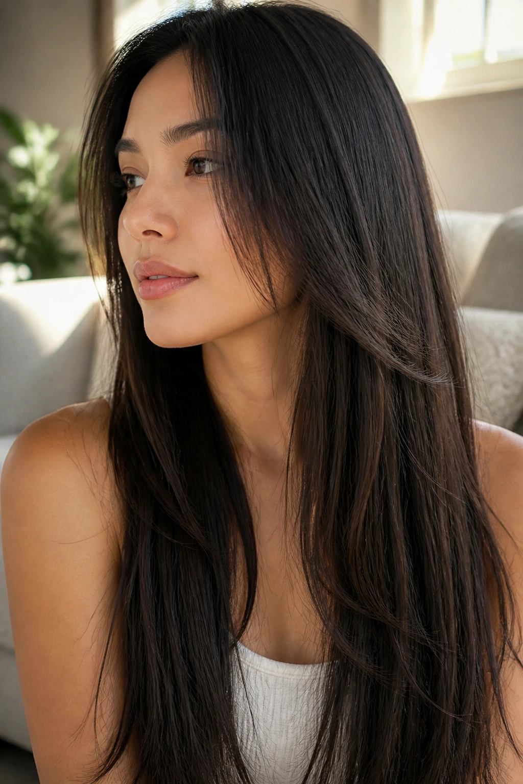 Long hair with invisible layers on real woman showing subtle movement