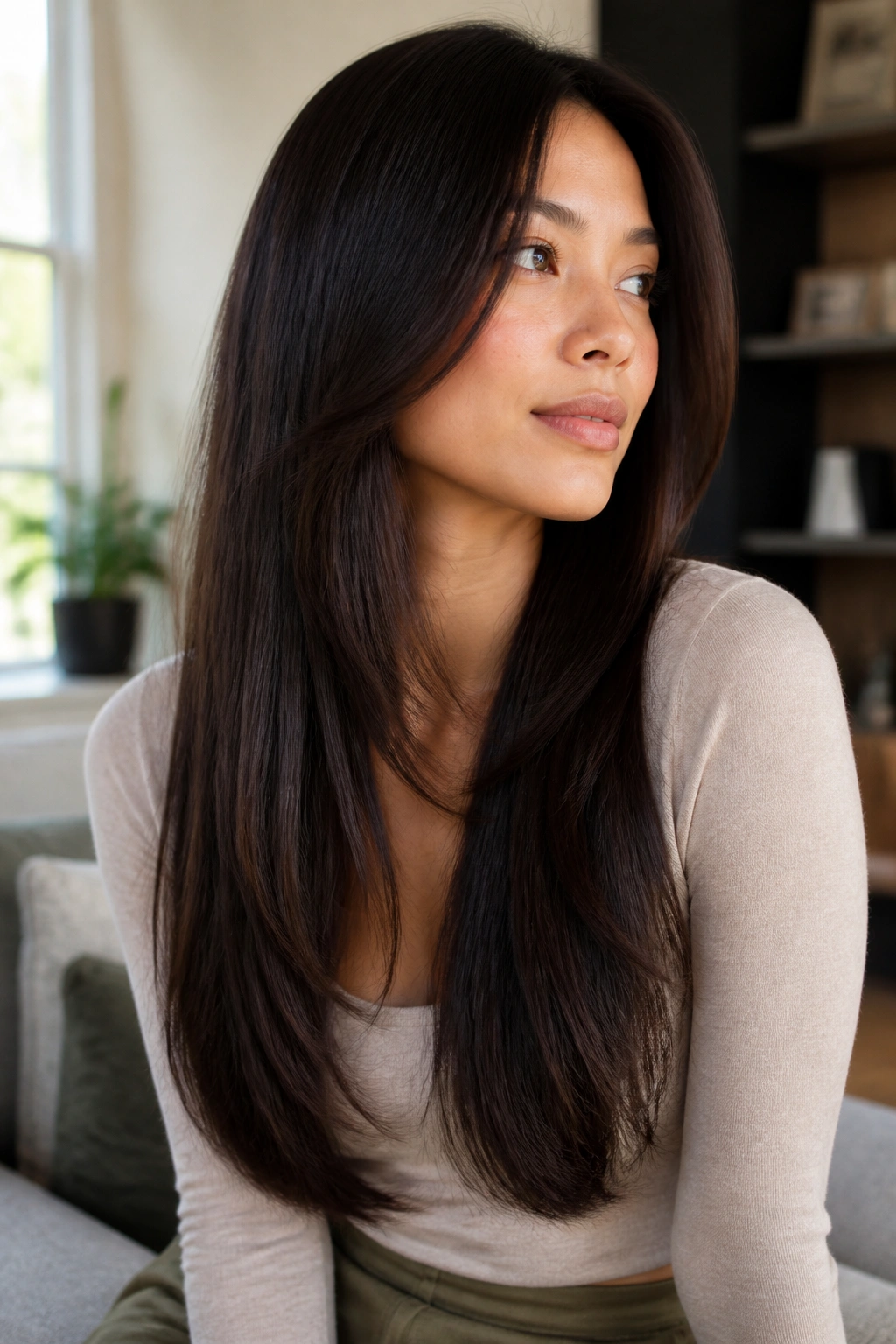 Close-up portrait of a real woman with invisible layers in long straight hair.