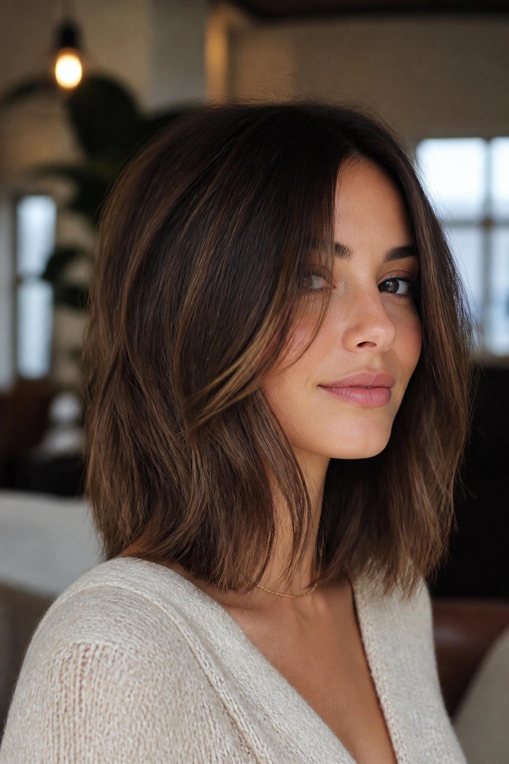 Invisible layers on a long lob; head-and-shoulders portrait