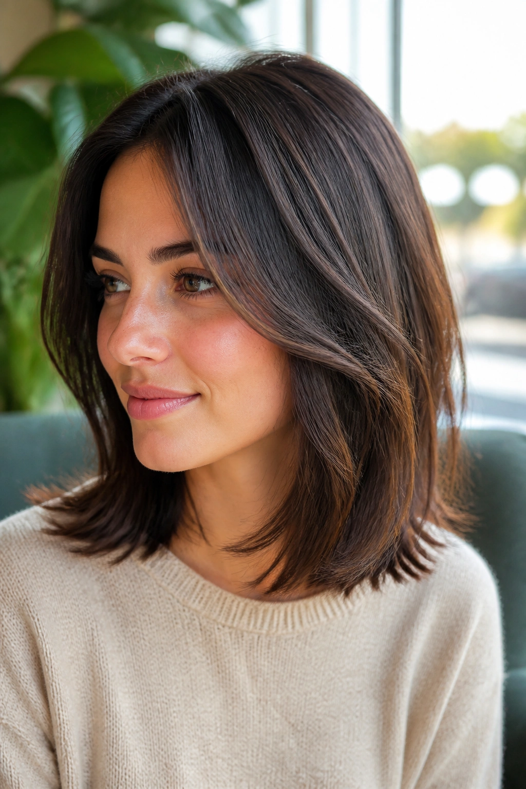 Portrait of shoulder-length hair with invisible layers and smooth surface on a real person