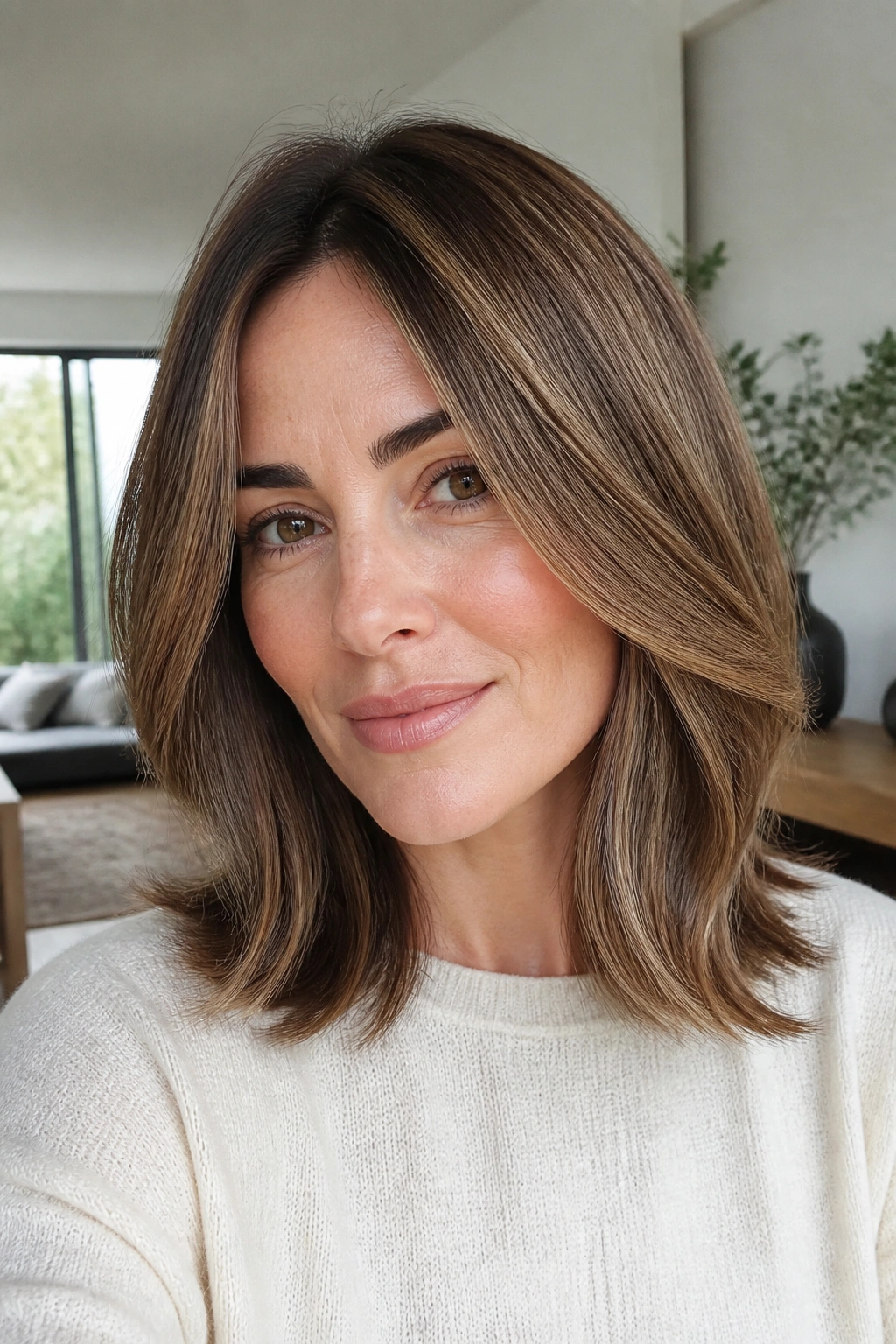 Real woman with invisible mid-length layers hair