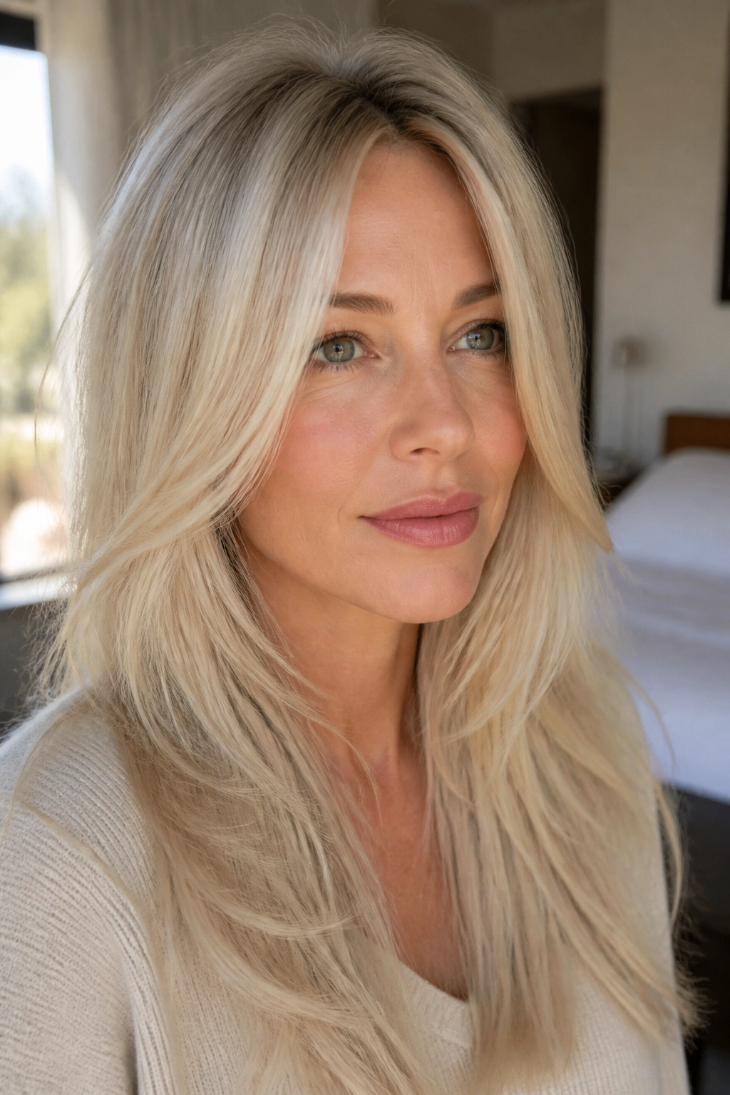 Close-up of a real woman with invisible layers in pale platinum blonde hair.