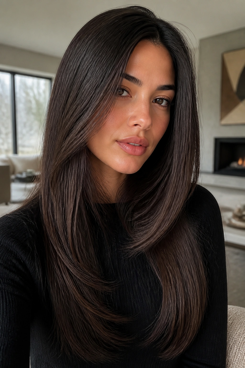 Close-up of a real person with inner lifted layers creating a sleek surface in a bright living room