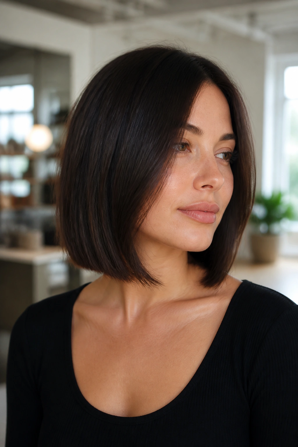 Close-up of a real person with a sleek lob and invisible layers in a modern interior