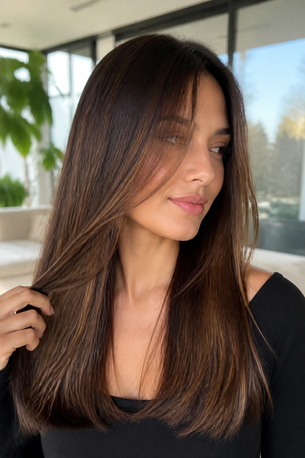 Portrait of a woman with invisible layers in straight hair.