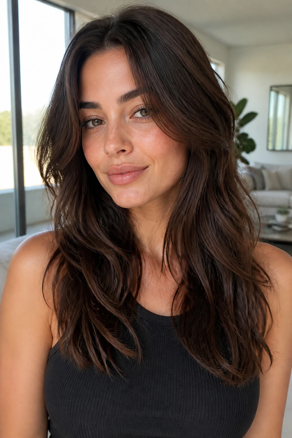 Close-up portrait of a real woman with invisible internal layers in hair.